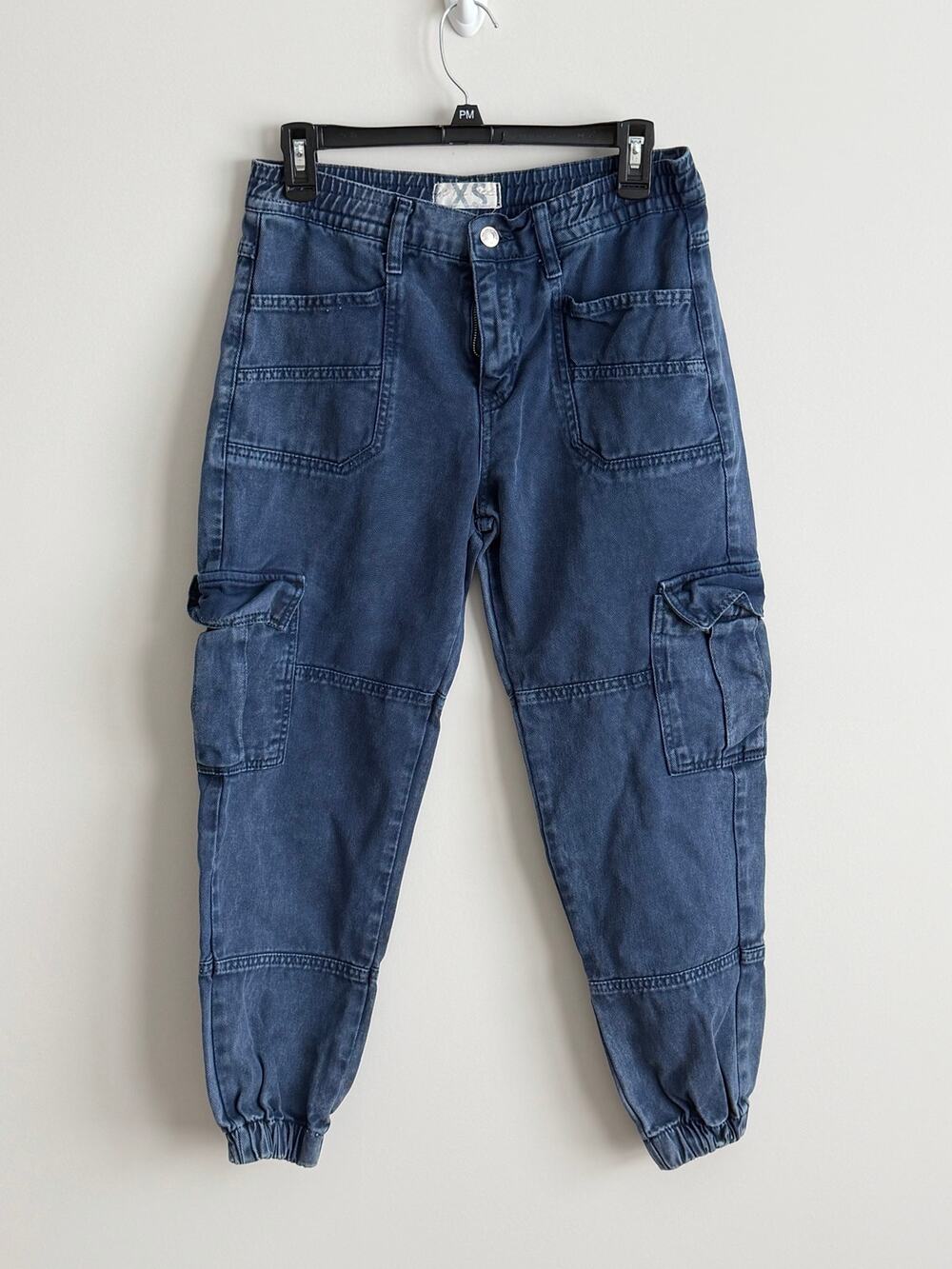 Free People We The Free Platoon Cargo Jogger Pants Blue Denim Wash Women’s Sz XS